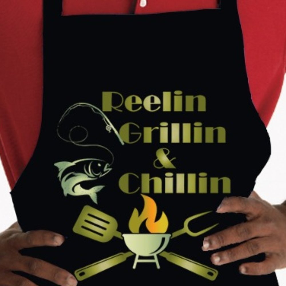Mens Gift BBQ Fishing Camping Grilling Black Apron